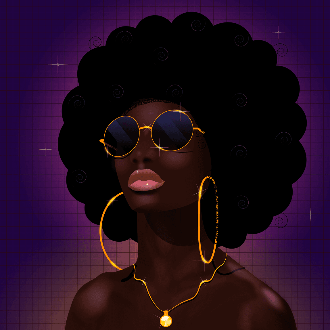 Portrait of a woman with an afro, round glasses and gold jewelry