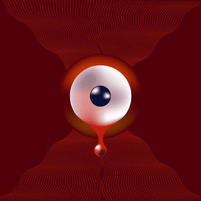 Single eye floating inside a dark red abstract form