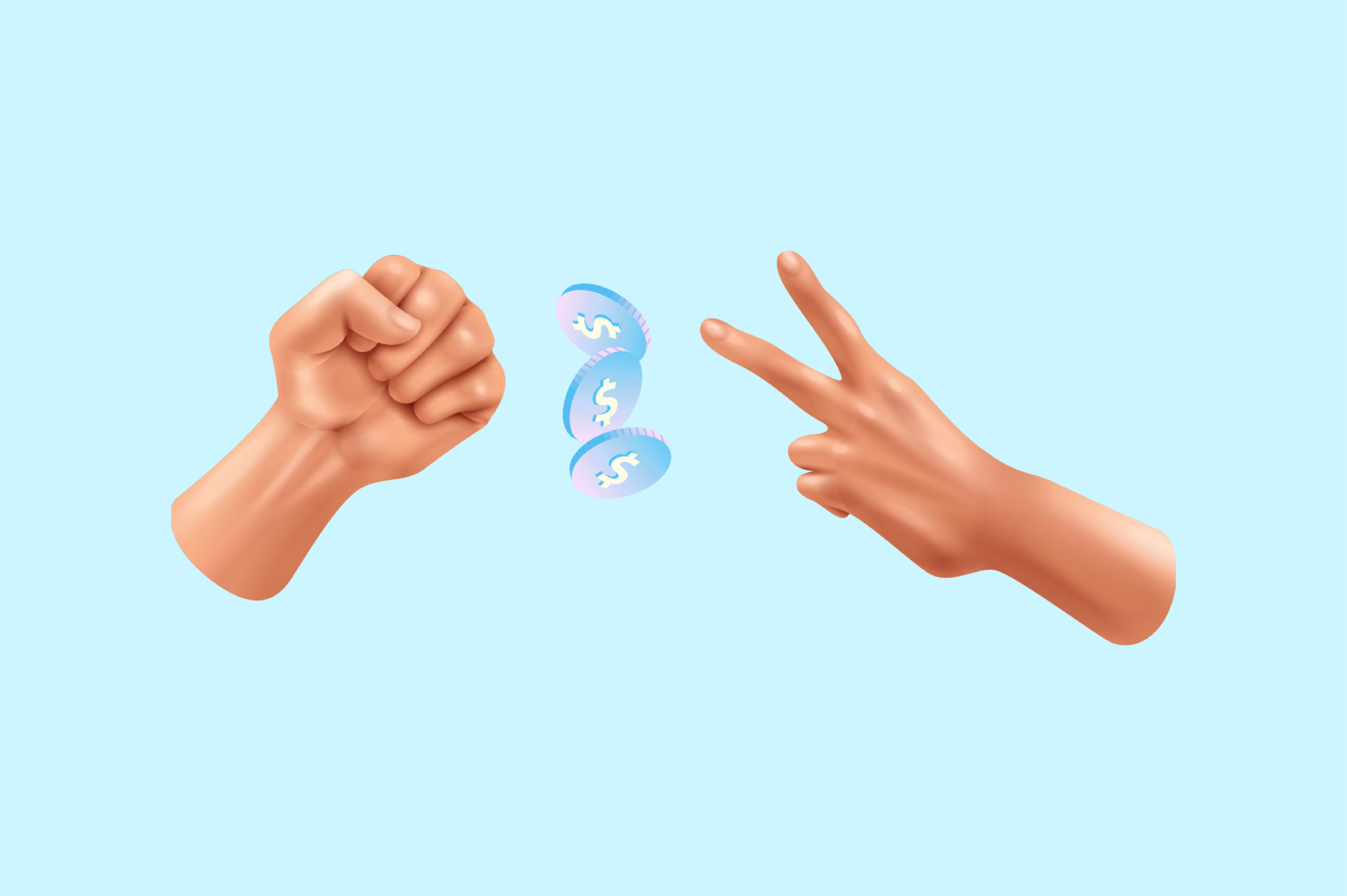 3D hands playing rock-paper-scissors around dollar coins