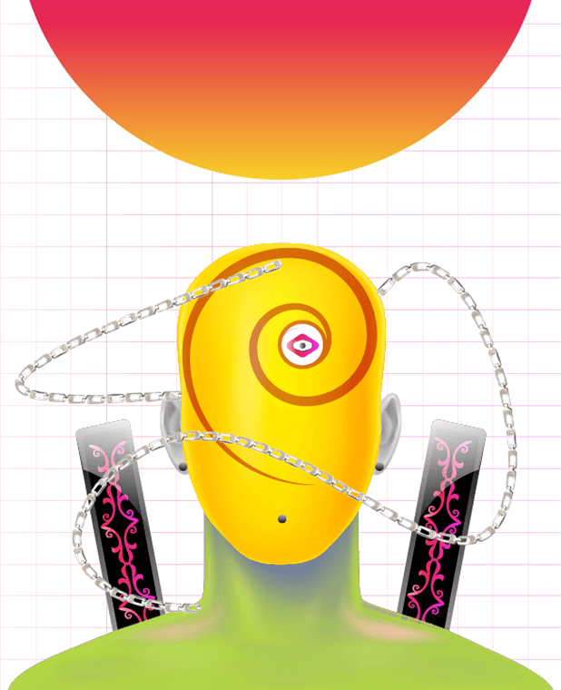 Yellow cyclops figure with chains and speakers beneath an orange sun