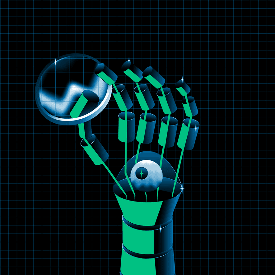 Robotic green hand holding a glowing blue orb