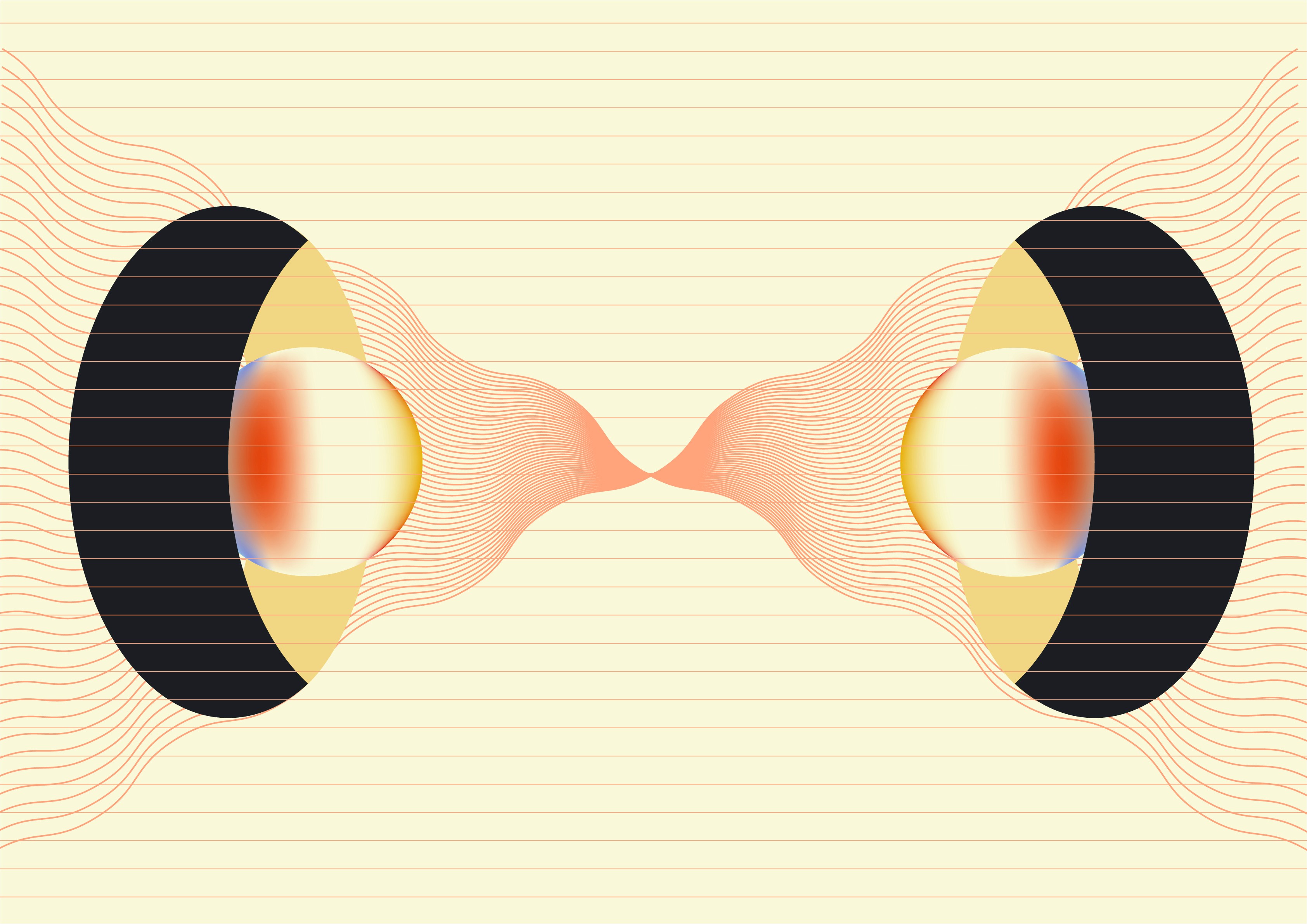 Two black discs connected by a translucent orange hourglass form