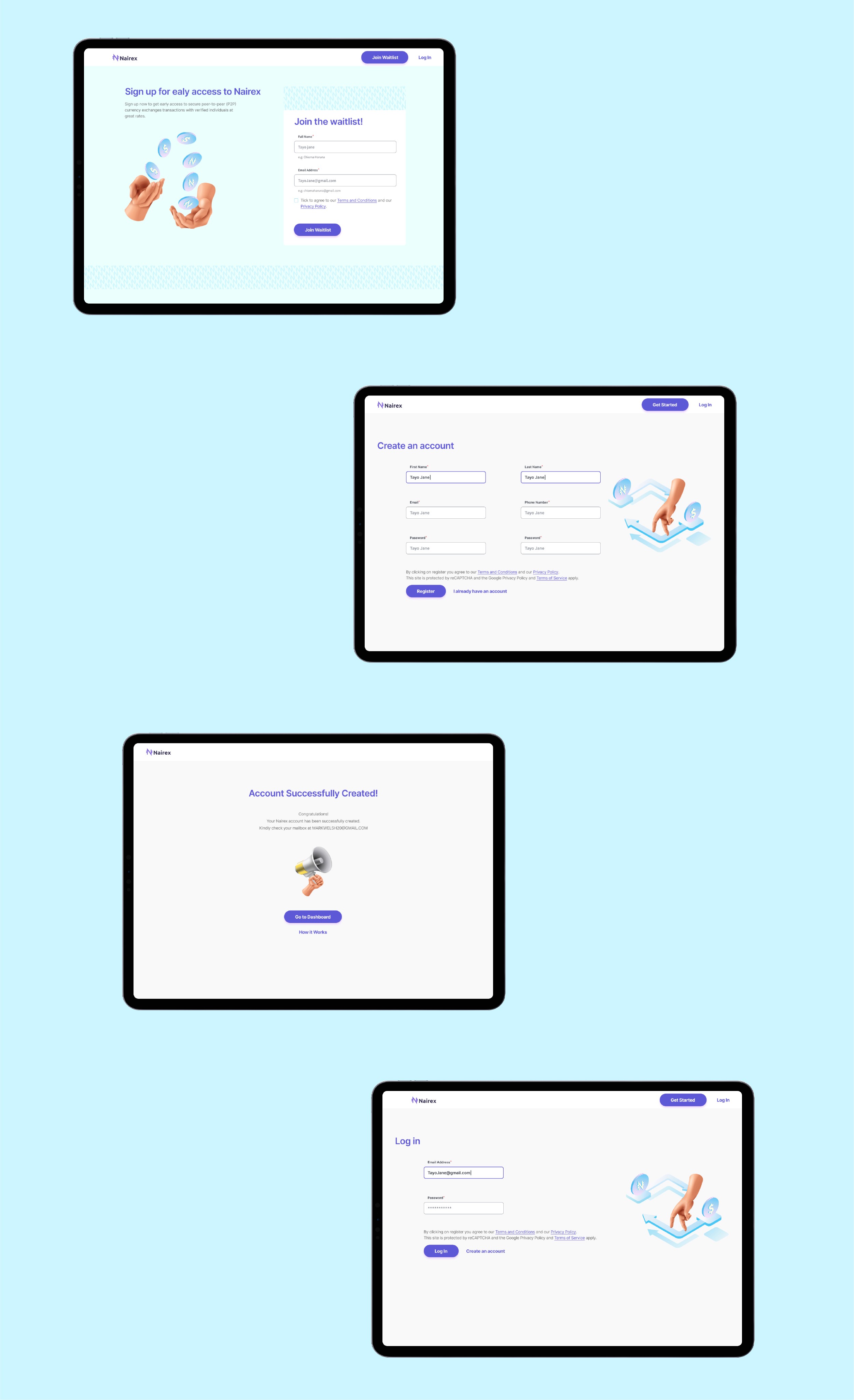 Nairex waitlist, registration, account confirmation, and login screens