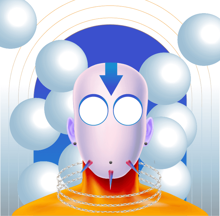 Pale character with glasses, a blue halo and floating spheres
