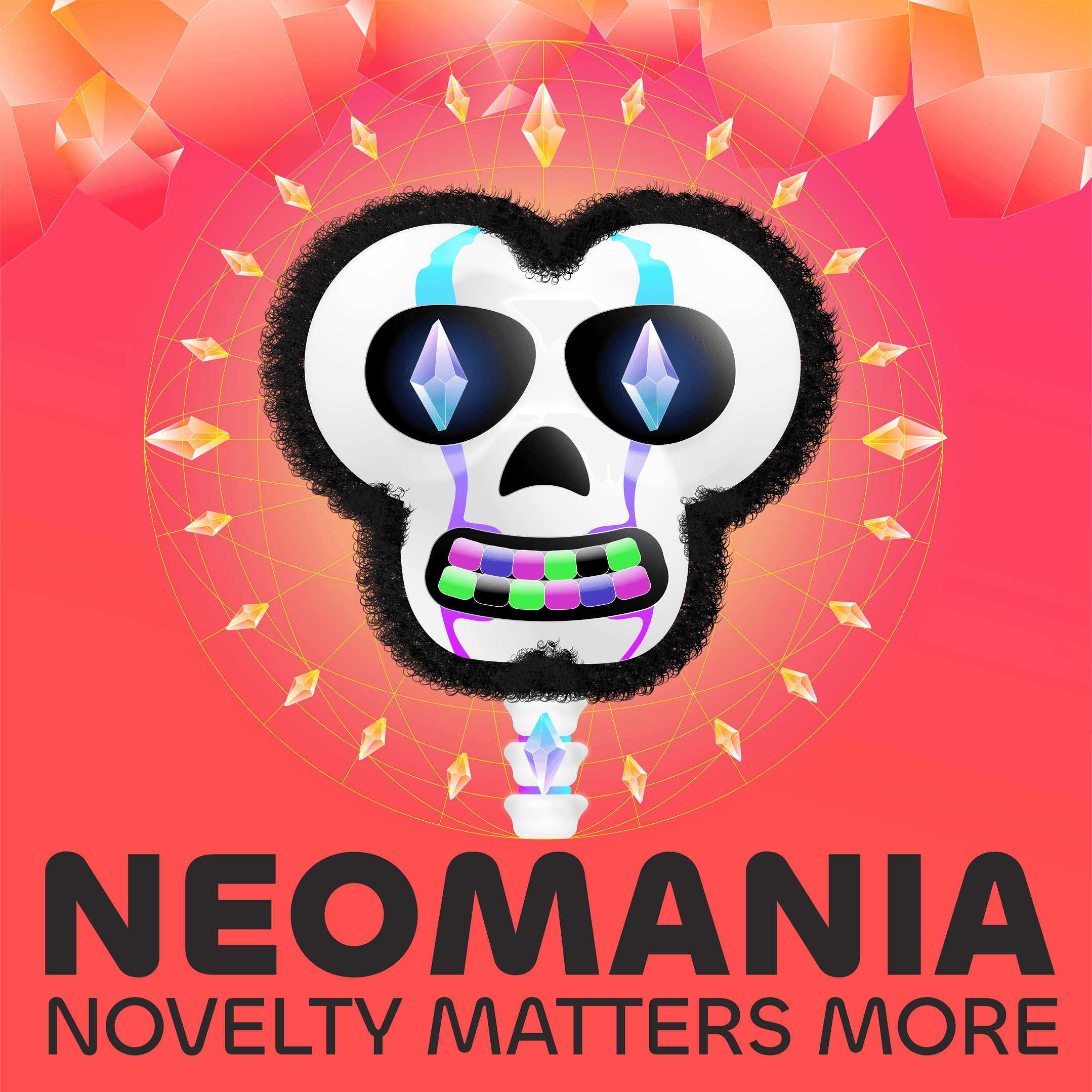Neomania poster with a black skull inside a radiating crystal halo