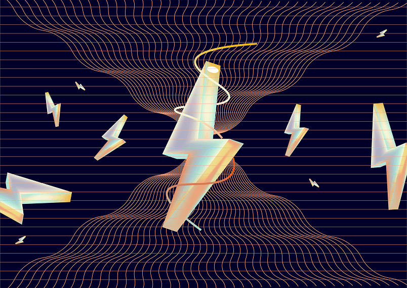 Abstract lightning bolt suspended inside a warped line grid