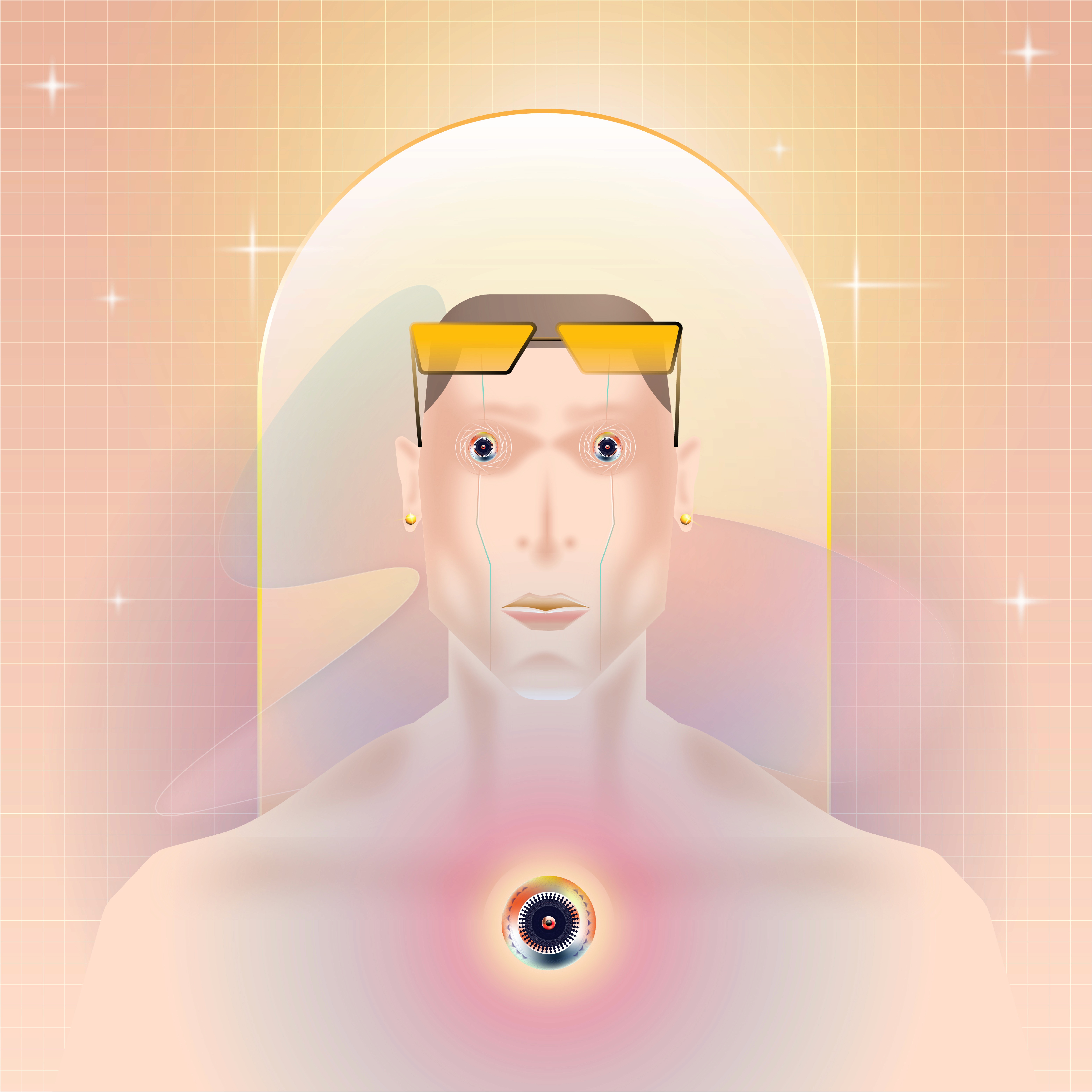 Pale figure with a gold visor and glowing chest eye