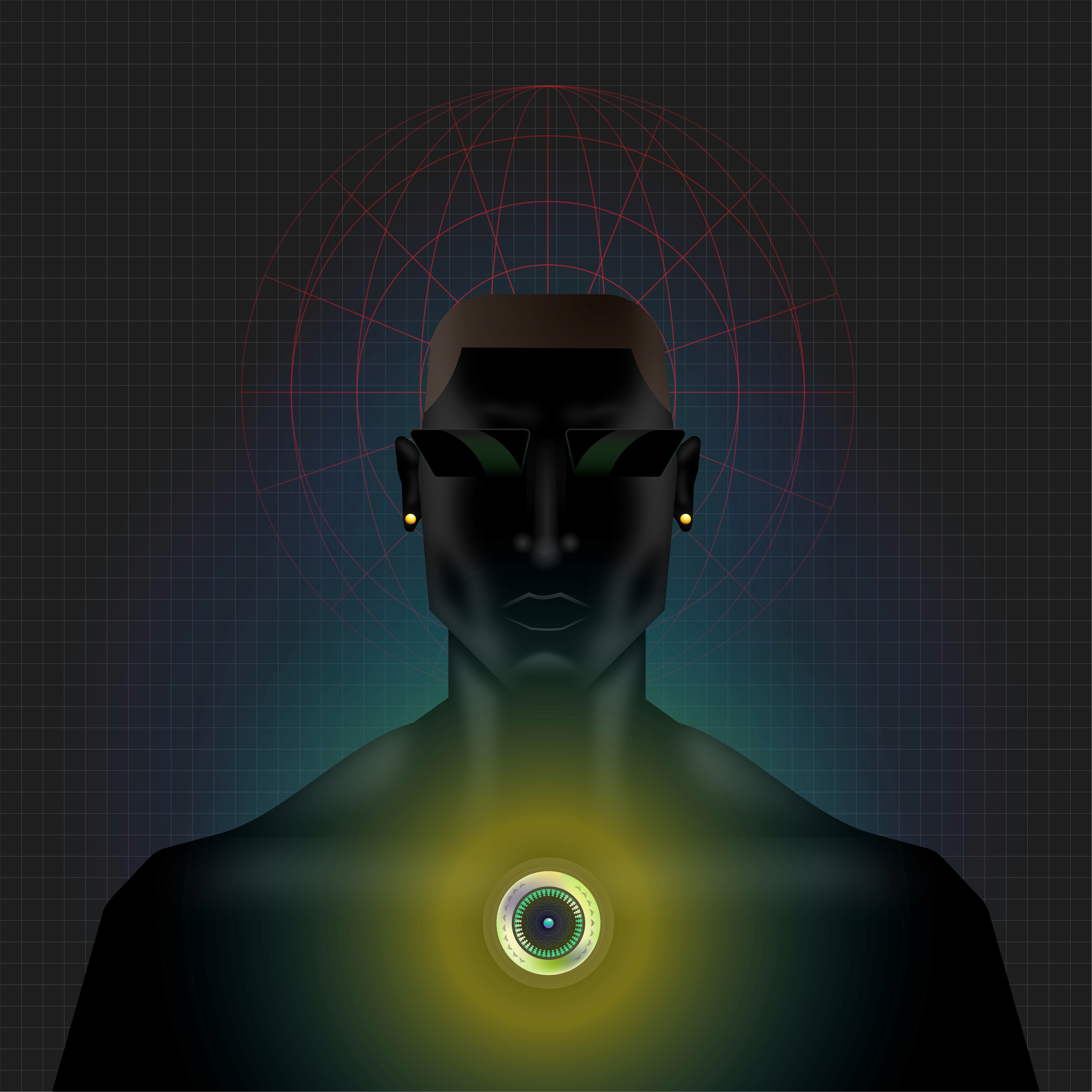 Shadowed figure illuminated by green and yellow light from a chest eye