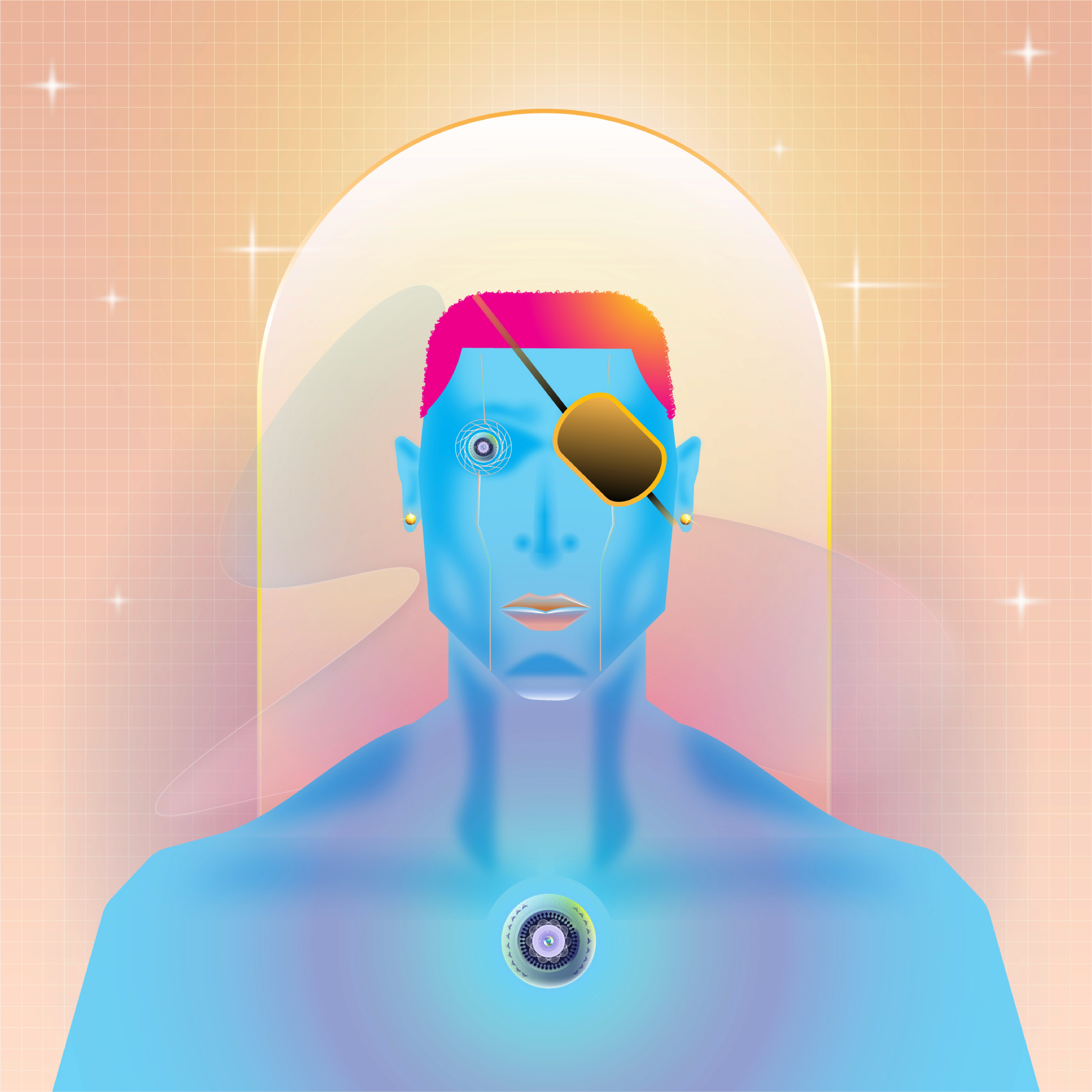 Blue figure with a geometric eye mask and glowing chest eye