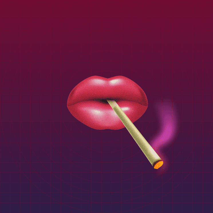 Pink lips holding a smoking match against a dark plum background