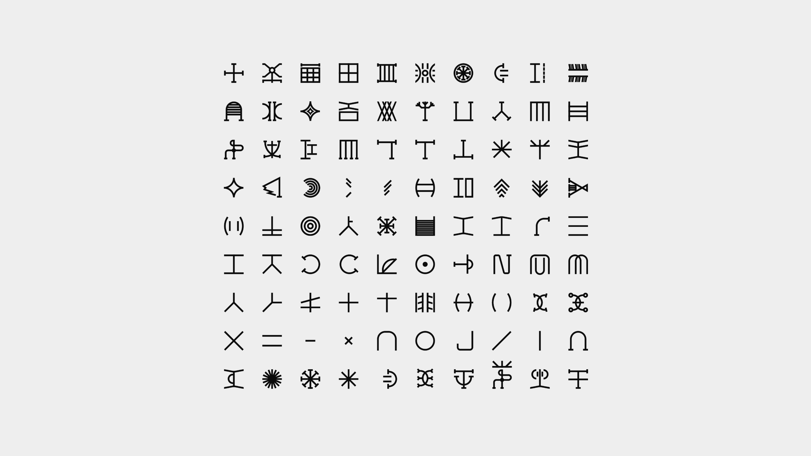 Ninety Nsibidi pictograms drawn as black line glyphs in a ten-by-nine grid