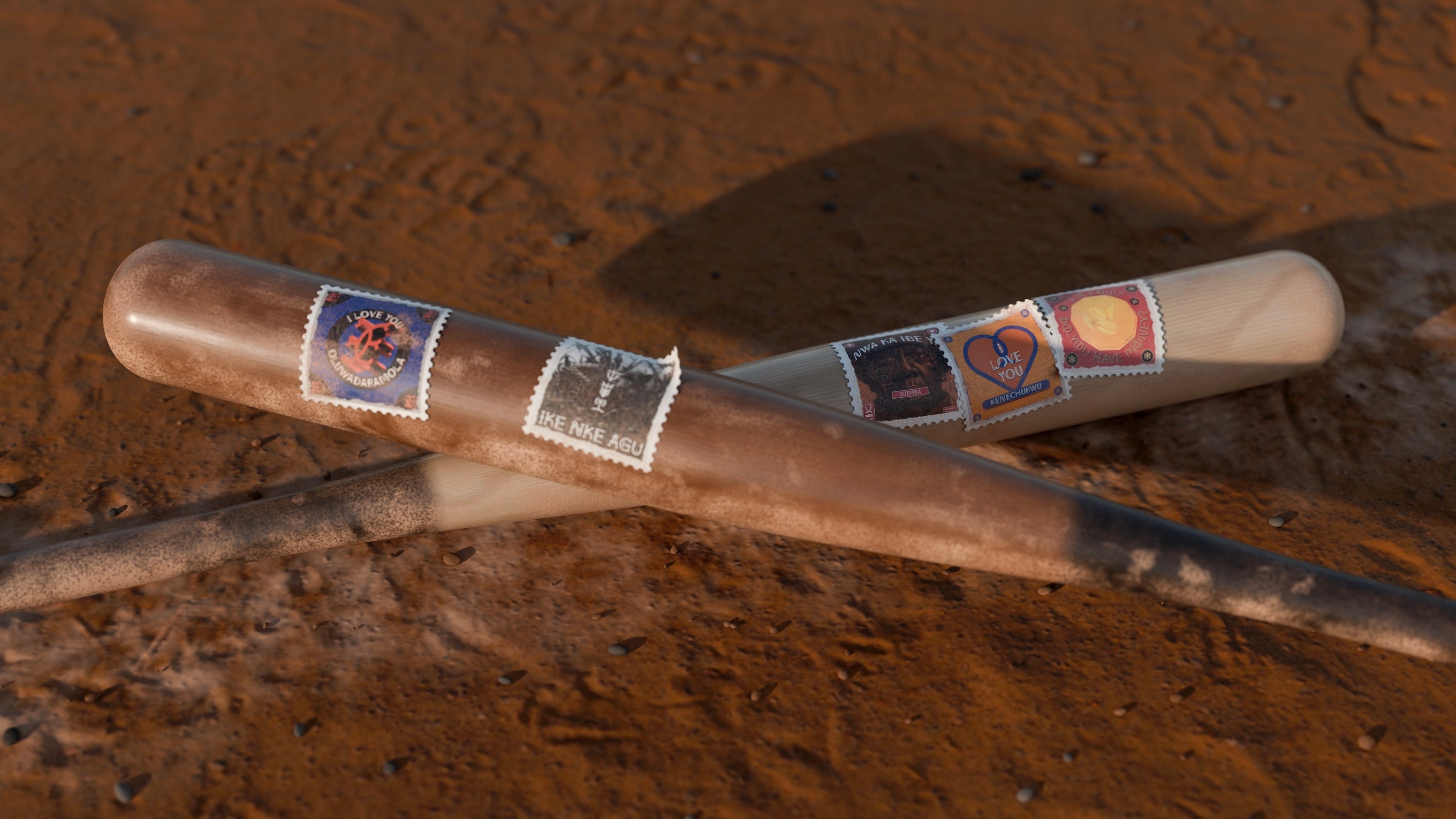Five Agụ Display stamp stickers, including Ike Nke Agụ and I Love You Oluwadaramola, wrapped around two crossed wooden baseball bats lying on infield clay