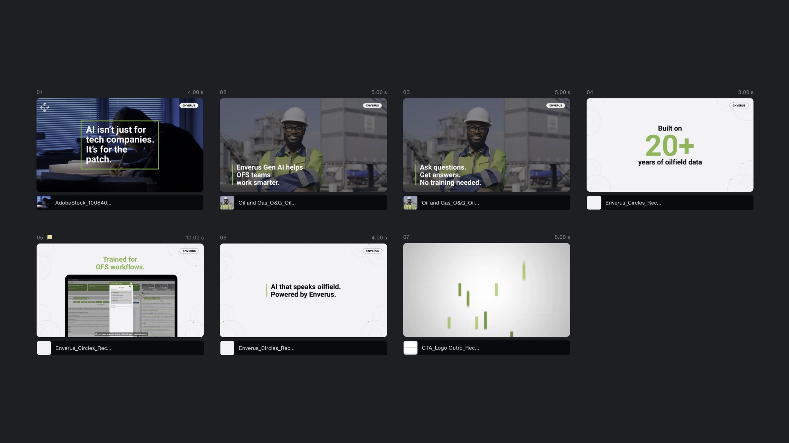 A blog-to-video storyboard in StoryKit: seven scenes in order, from "AI isn't just for tech companies" through "Built on 20+ years of oilfield data" to the logo outro.