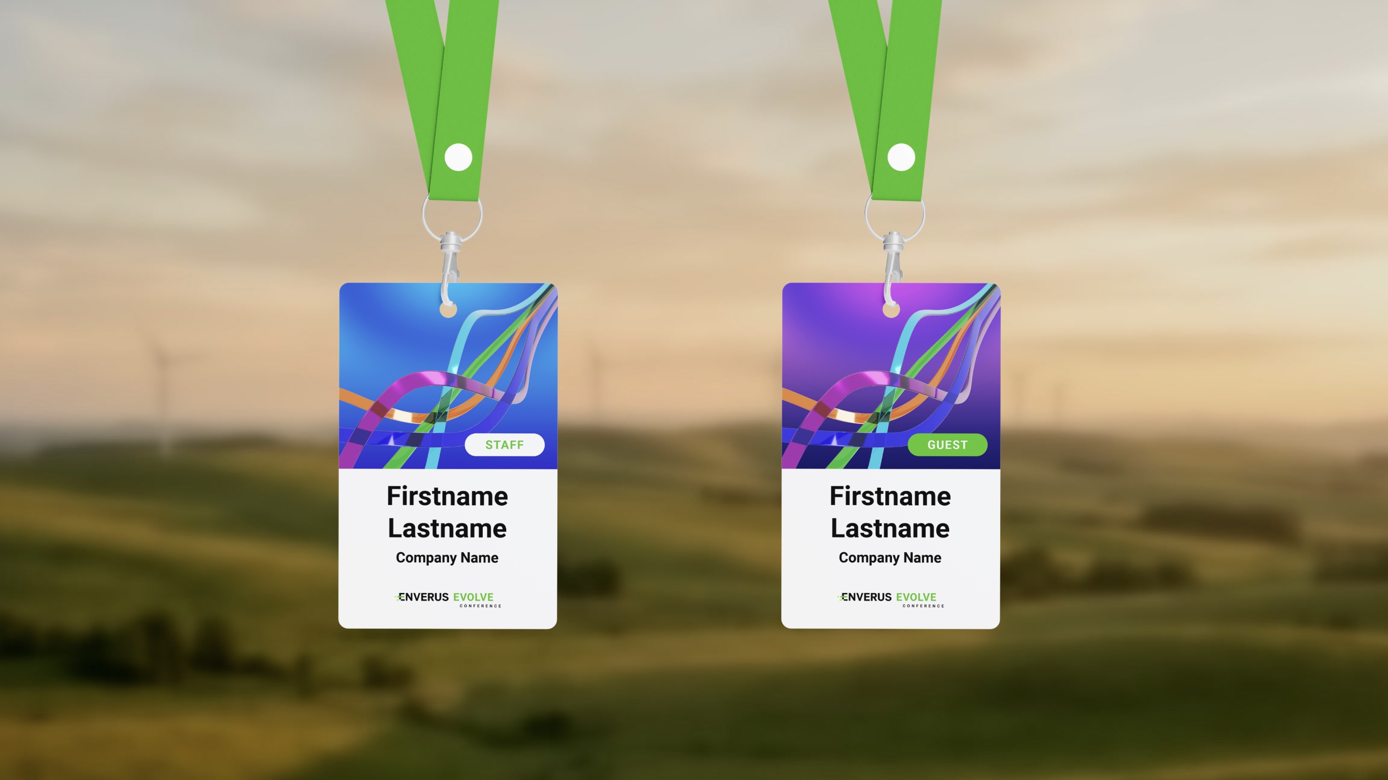 Two Evolve 2025 badges on green lanyards over a blurred wind farm, one for staff and one for guests, each topped with the 3D ribbons and the Enverus Evolve logo.