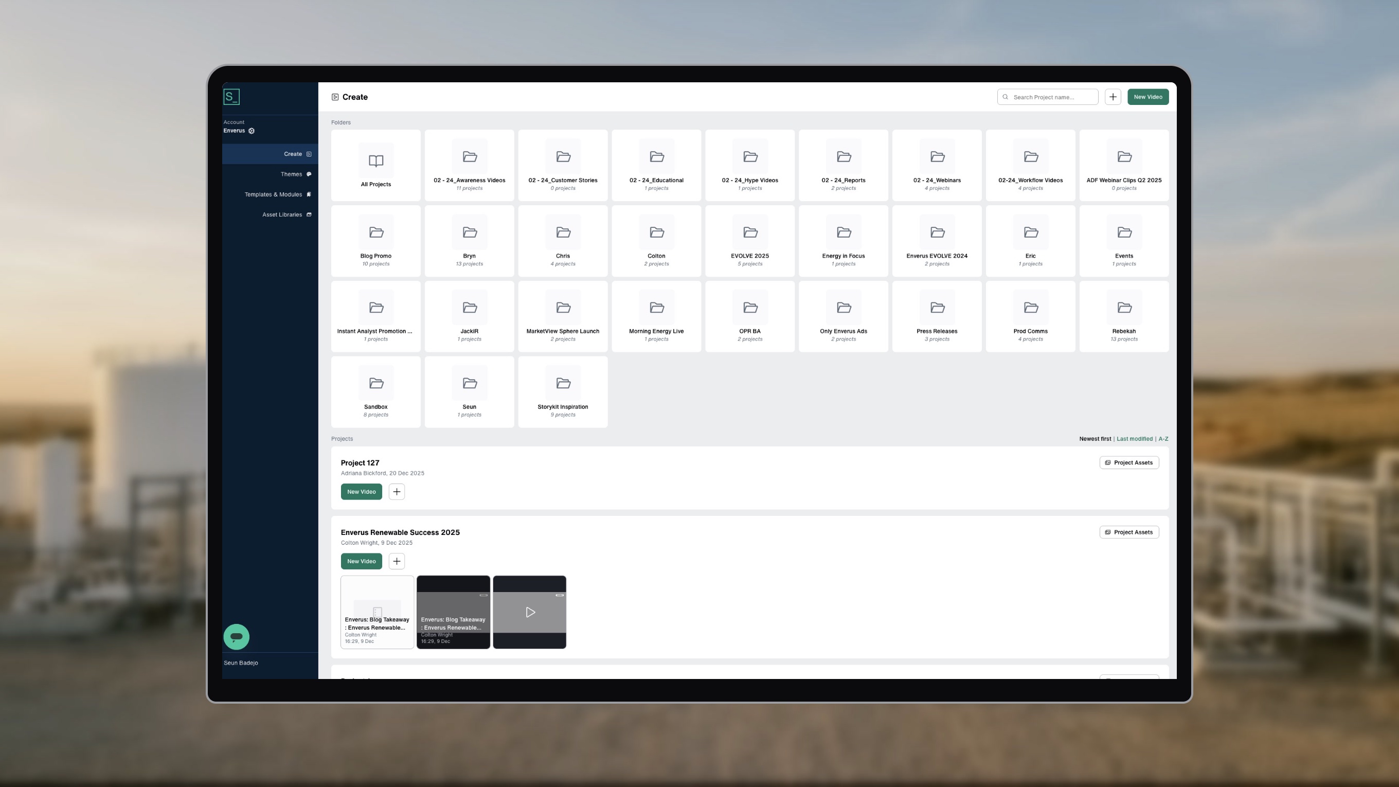 StoryKit's Create view on a MacBook in front of a blurred carbon-capture plant: a grid of project folders, with recent projects and their storyboards below.