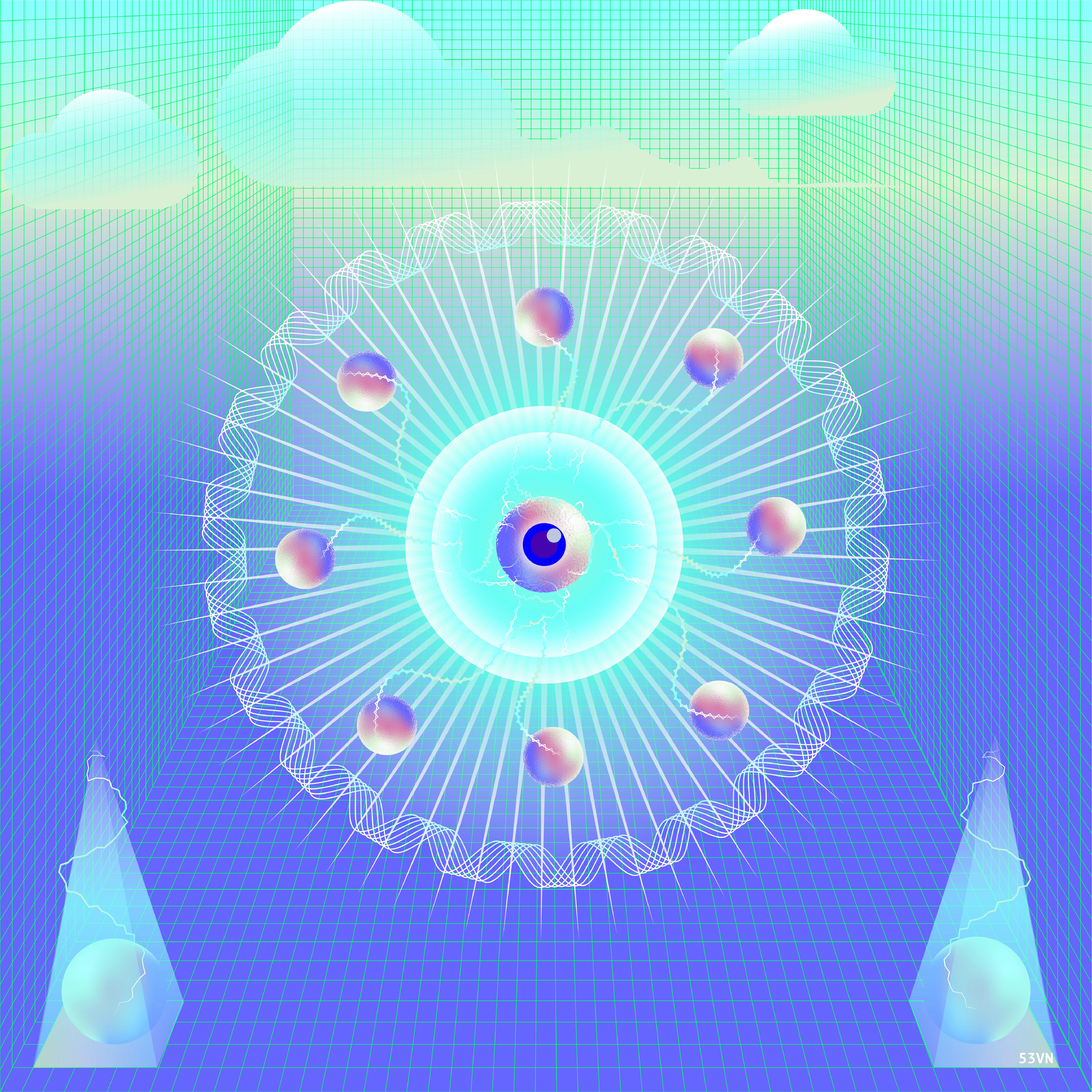 Radiating Digital Eye surrounded by pink planets above an icy landscape