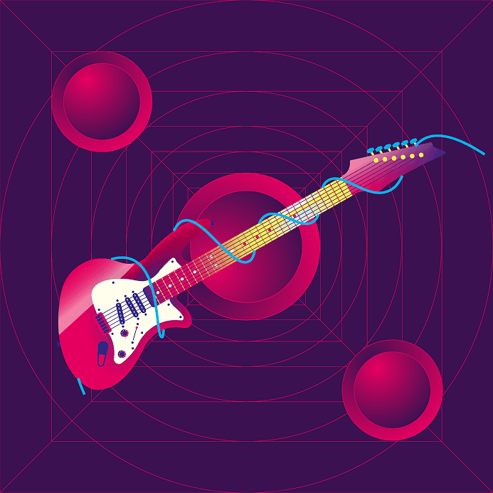 Pink electric guitar surrounded by geometric circles and lines