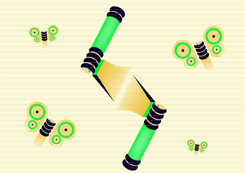 Pattern of microphones, speakers and green circular forms