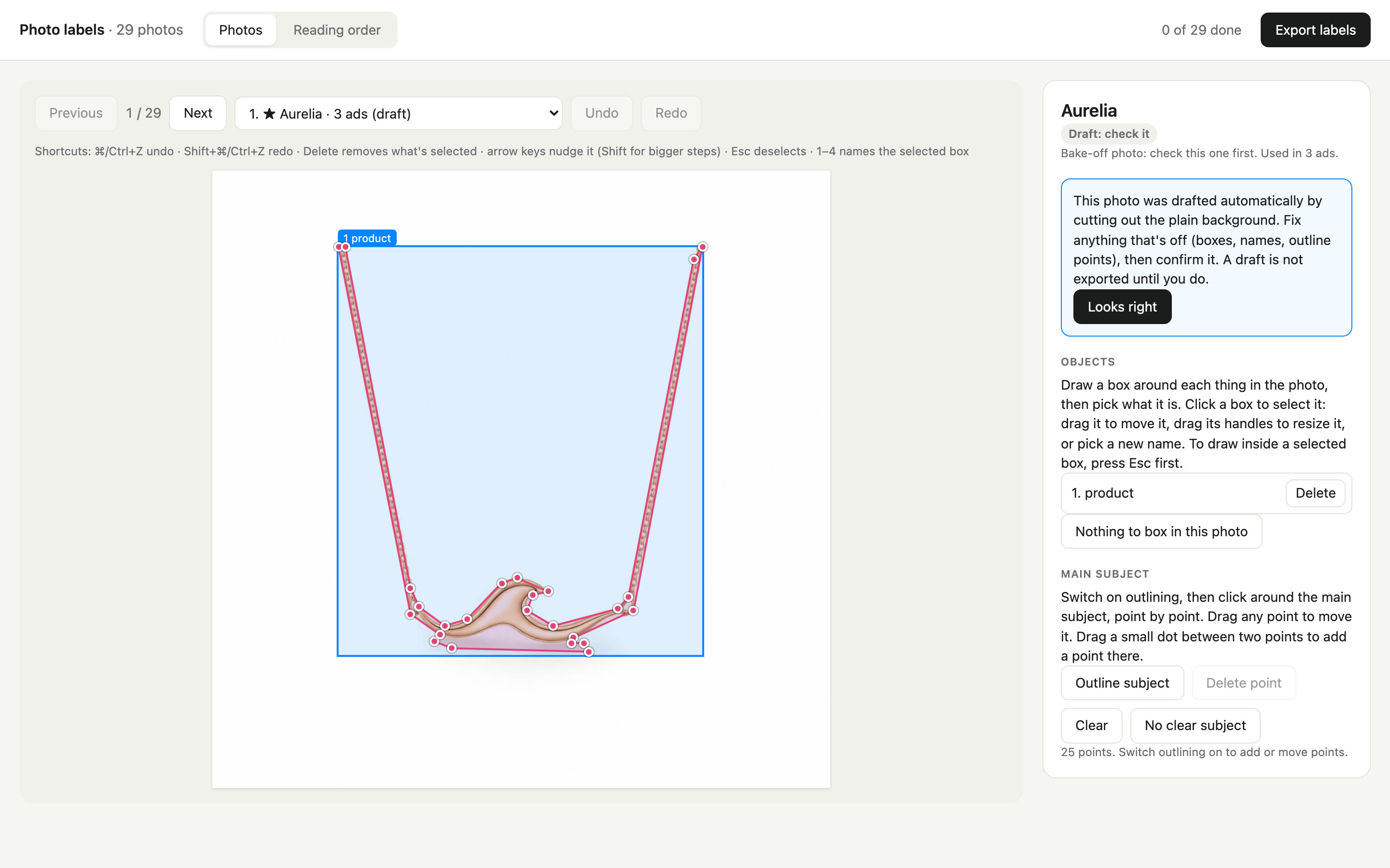 The Photo Label tool: a product photo with a named product box and an outline of the main subject, next to a panel for objects and the main subject