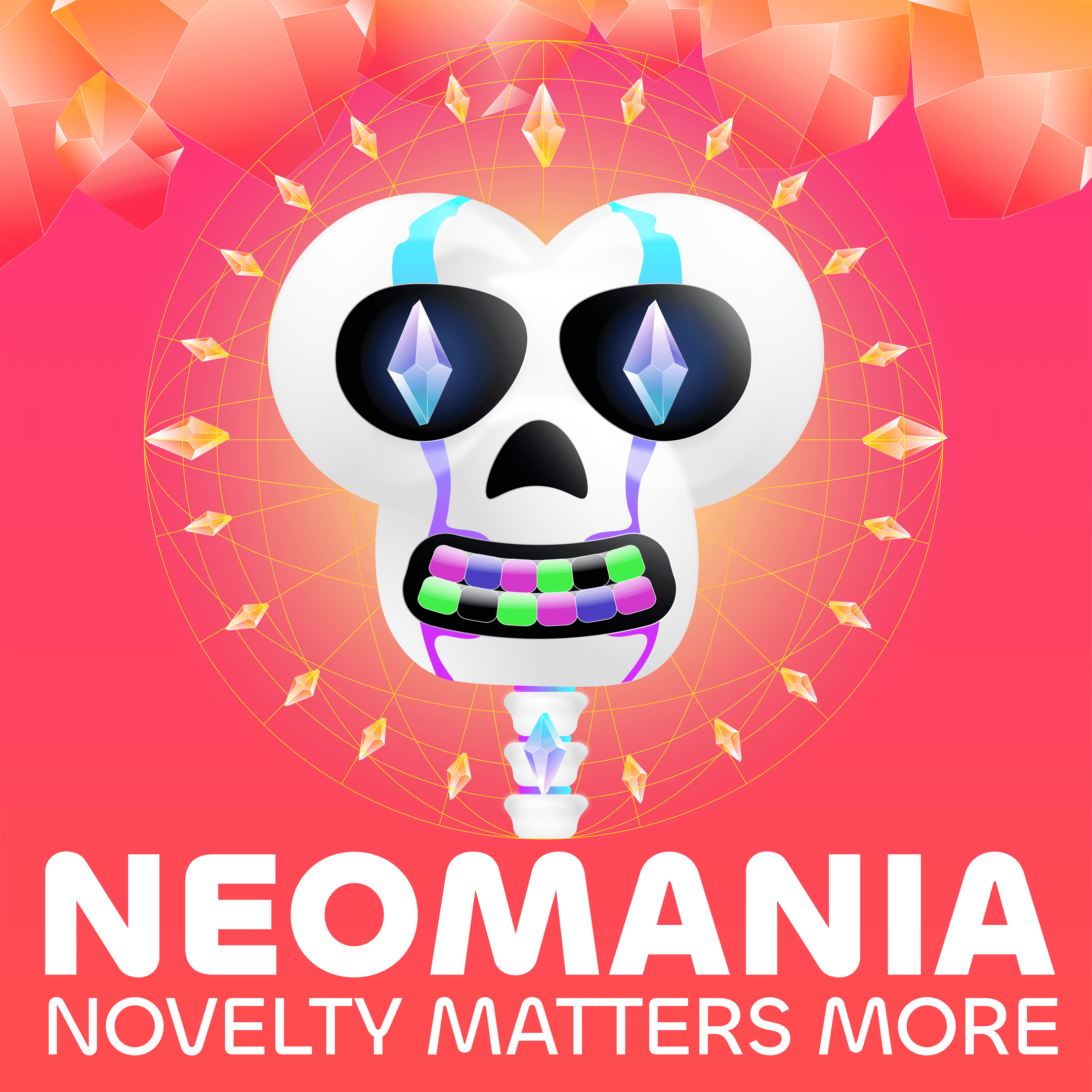 Neomania poster with a white skull, crystal eyes and a ring of floating gems