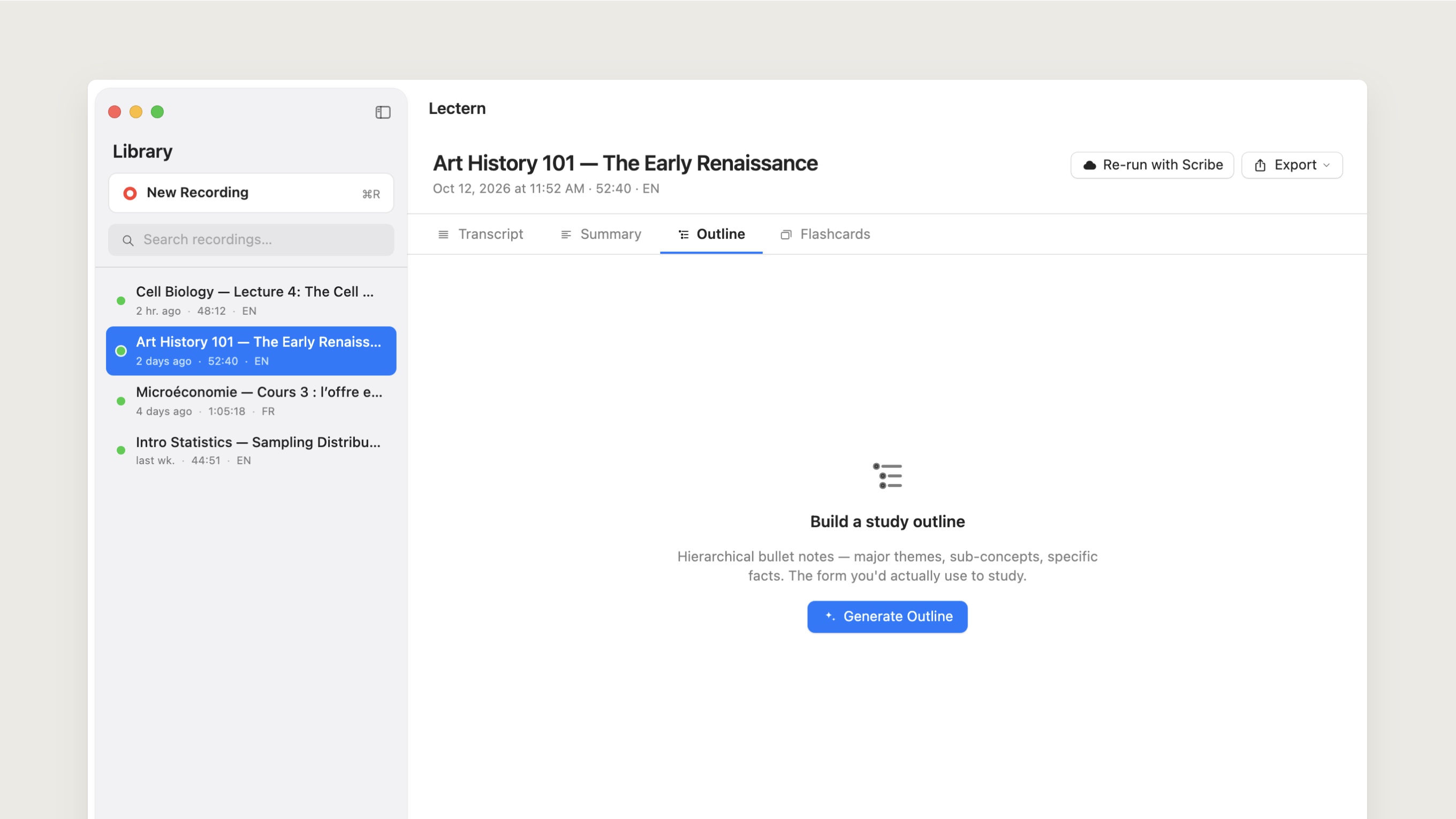 An empty Outline tab for an Art History lecture, with a Generate Outline button and a note on what the outline will contain.