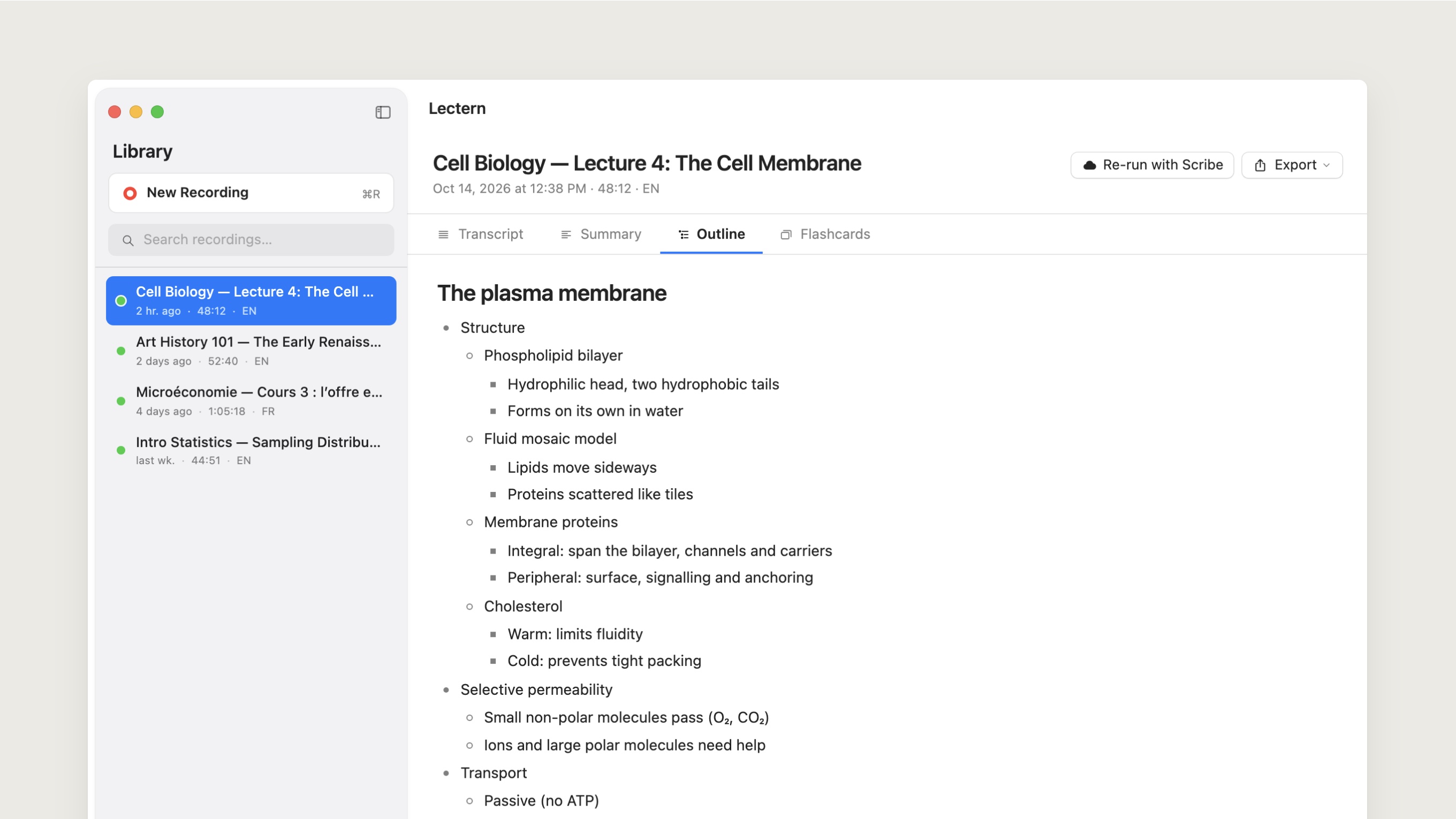 The Outline tab: the lecture broken down from the plasma membrane into structure, permeability and transport, then into specific facts.