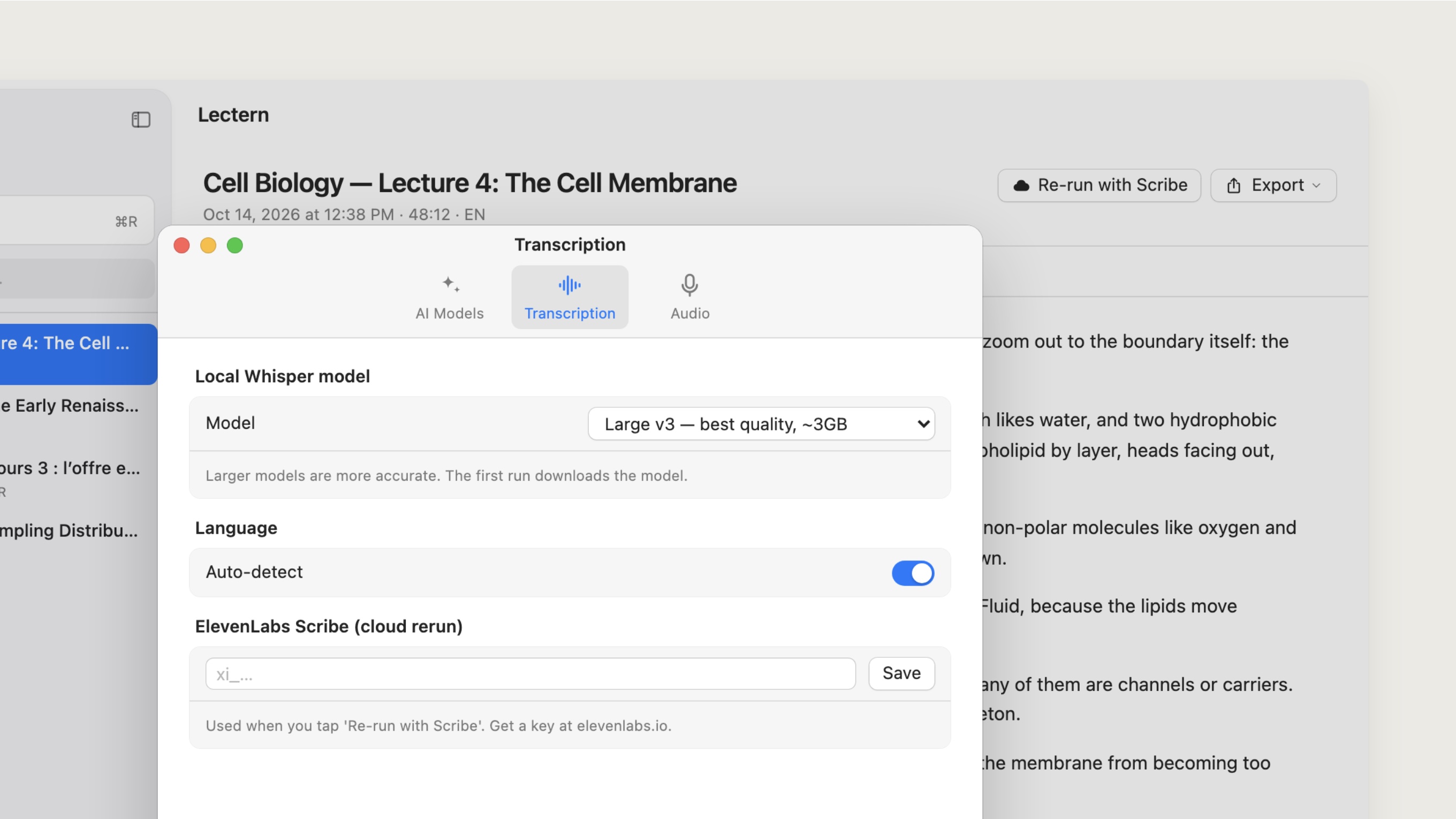 Transcription settings: the local Whisper large-v3 model, automatic language detection and an optional ElevenLabs Scribe key for cloud reruns.