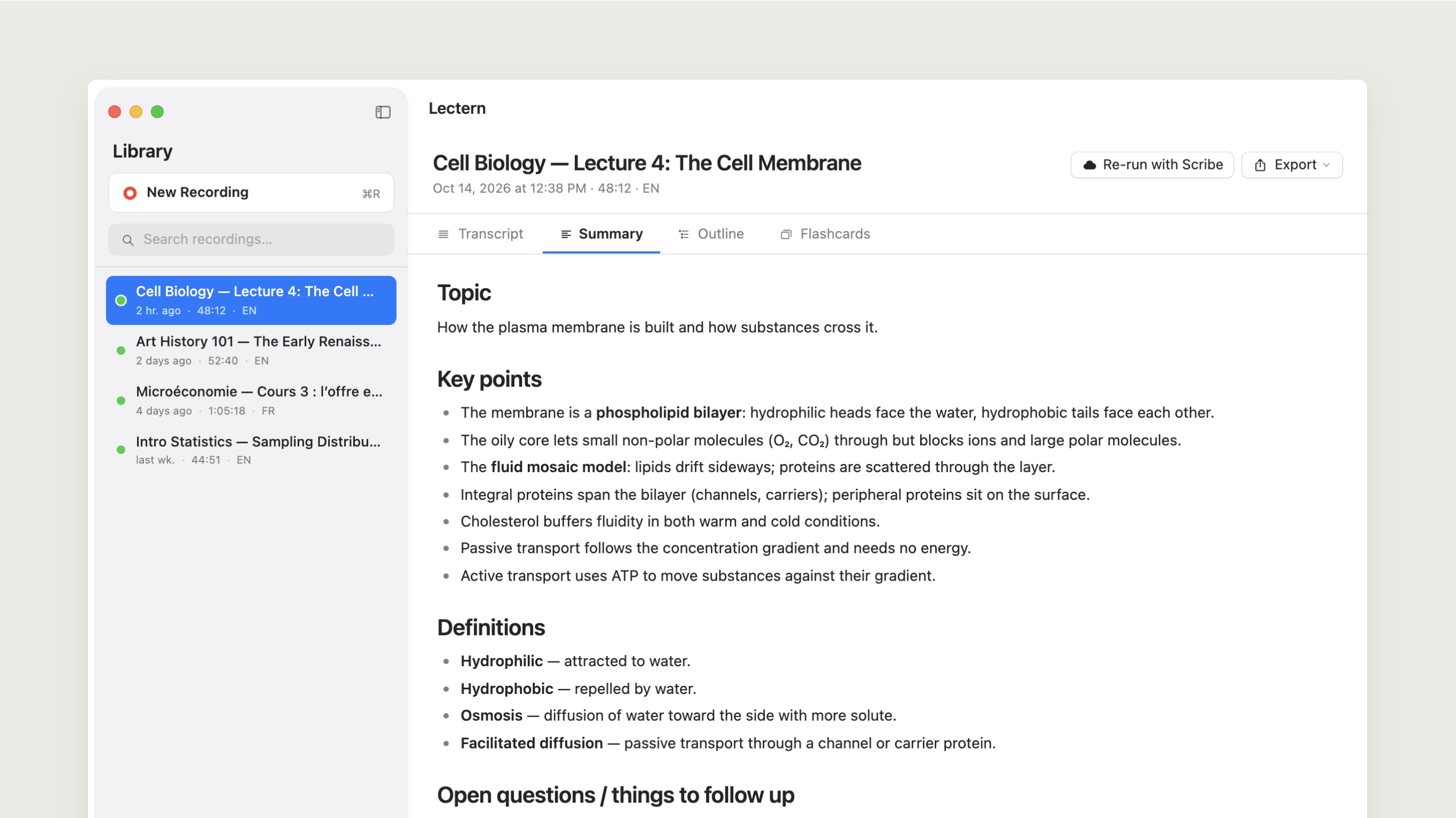 The Summary tab for the cell membrane lecture: topic, key points, definitions and open questions.