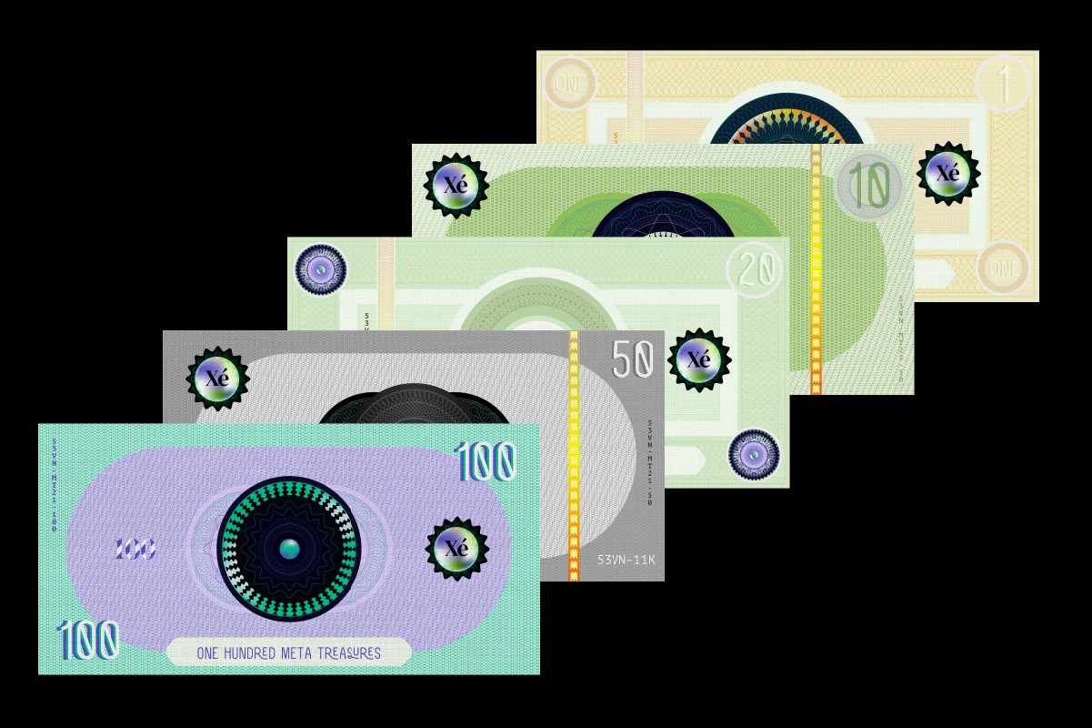 Fan of six Meta Treasure currency notes with Digital Eye designs