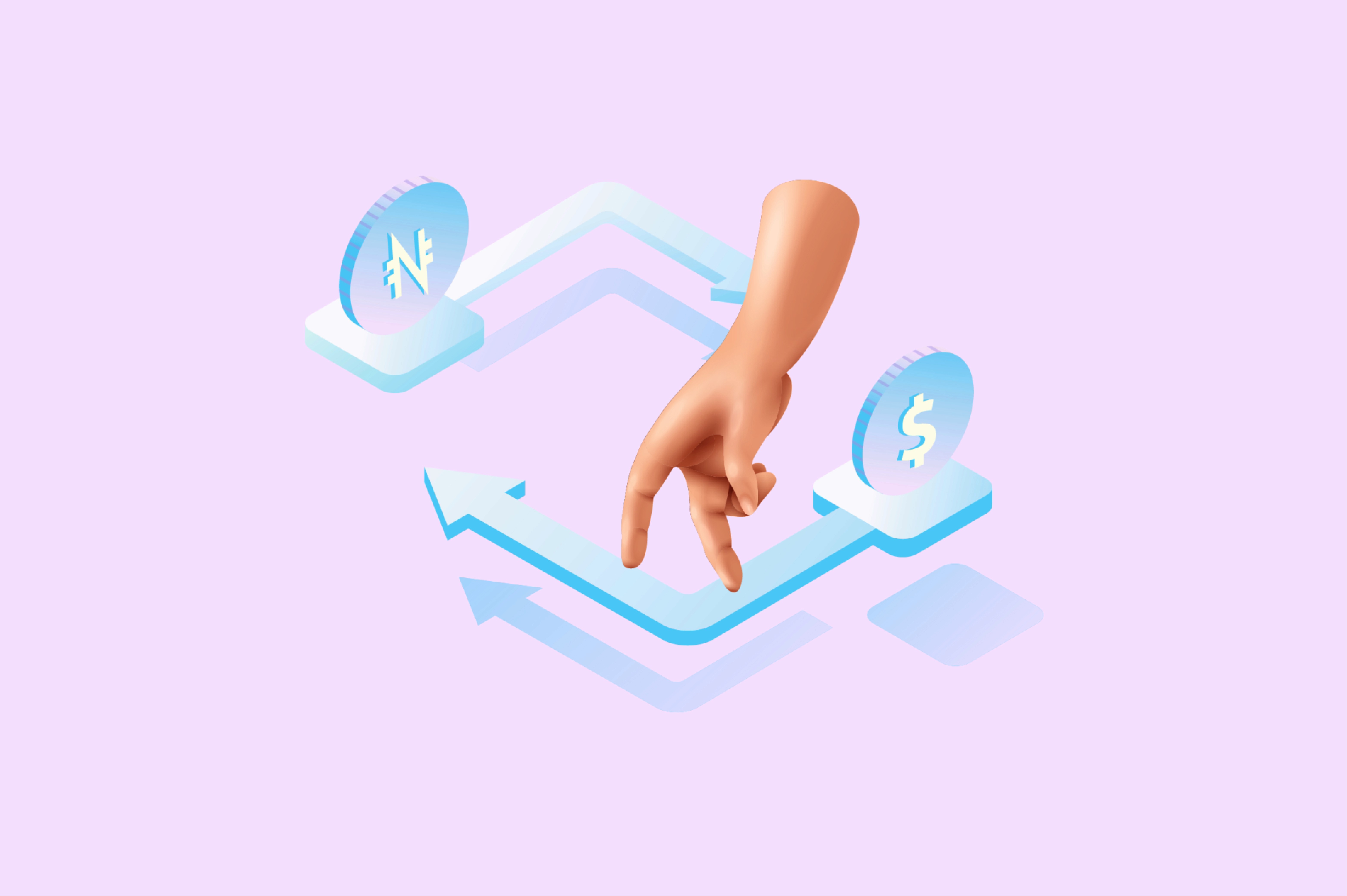 3D hand walking between naira and dollar exchange paths