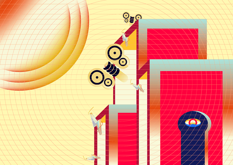 Geometric red city scene with a small figure and a large sun