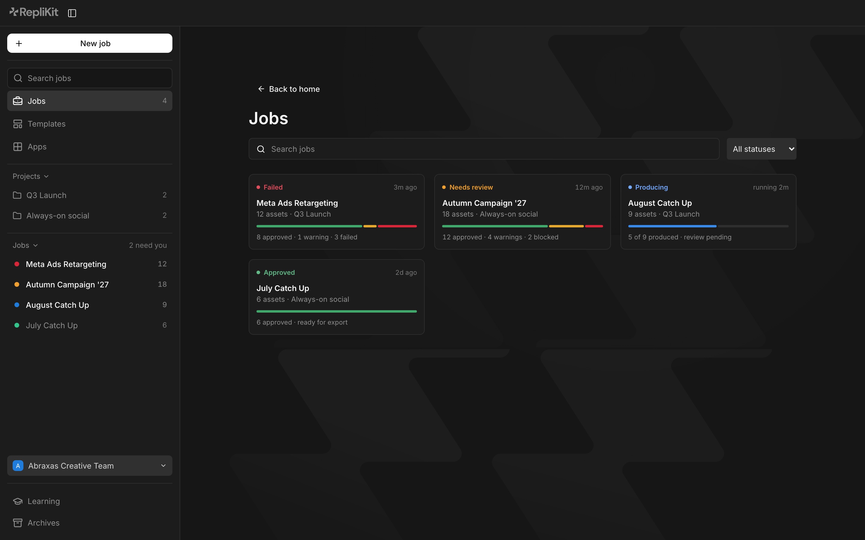 The Content Suite jobs view with four jobs marked failed, needs review, producing and approved