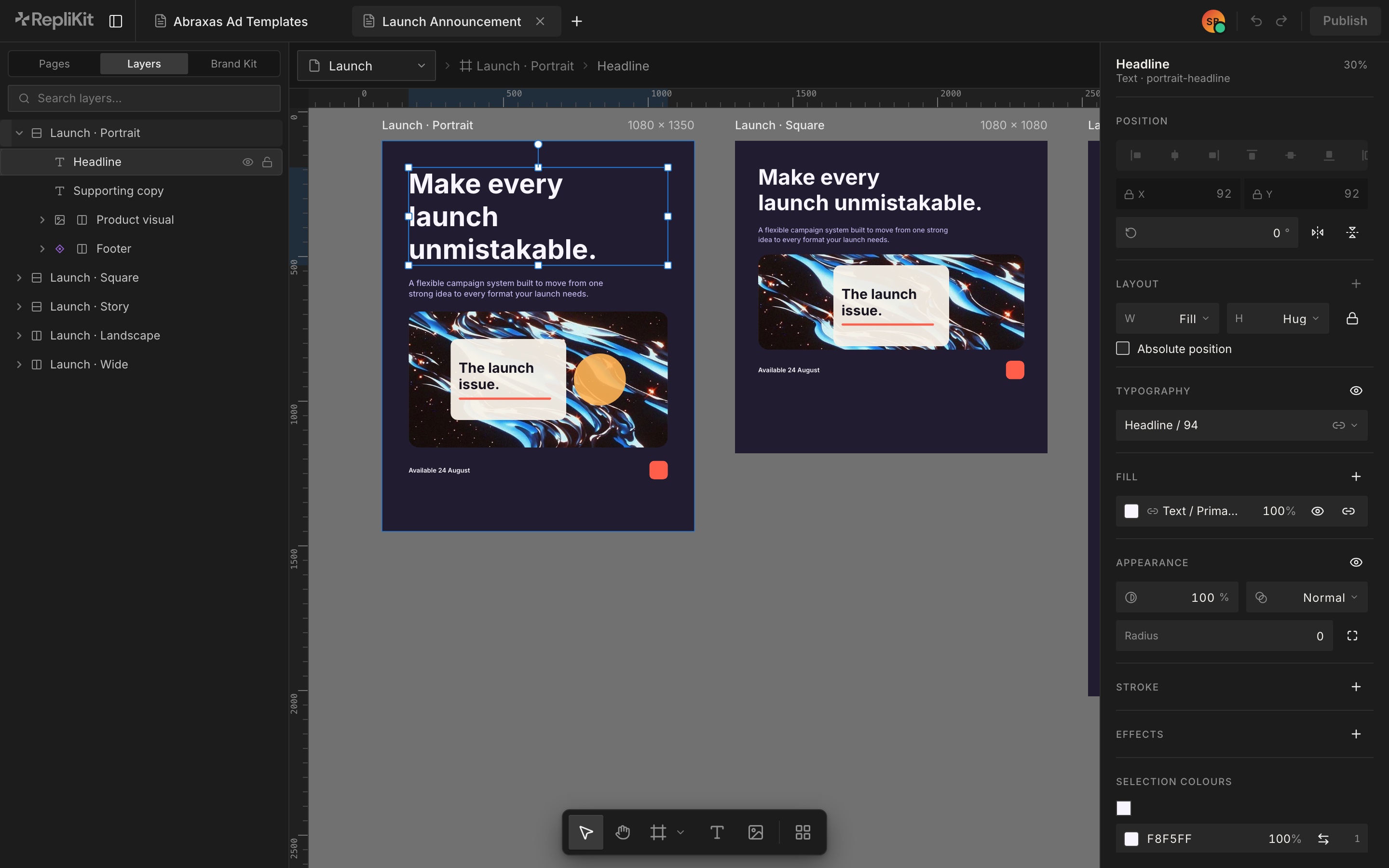 RepliKit editor with a Launch Announcement template in five formats, the layers panel and the properties panel