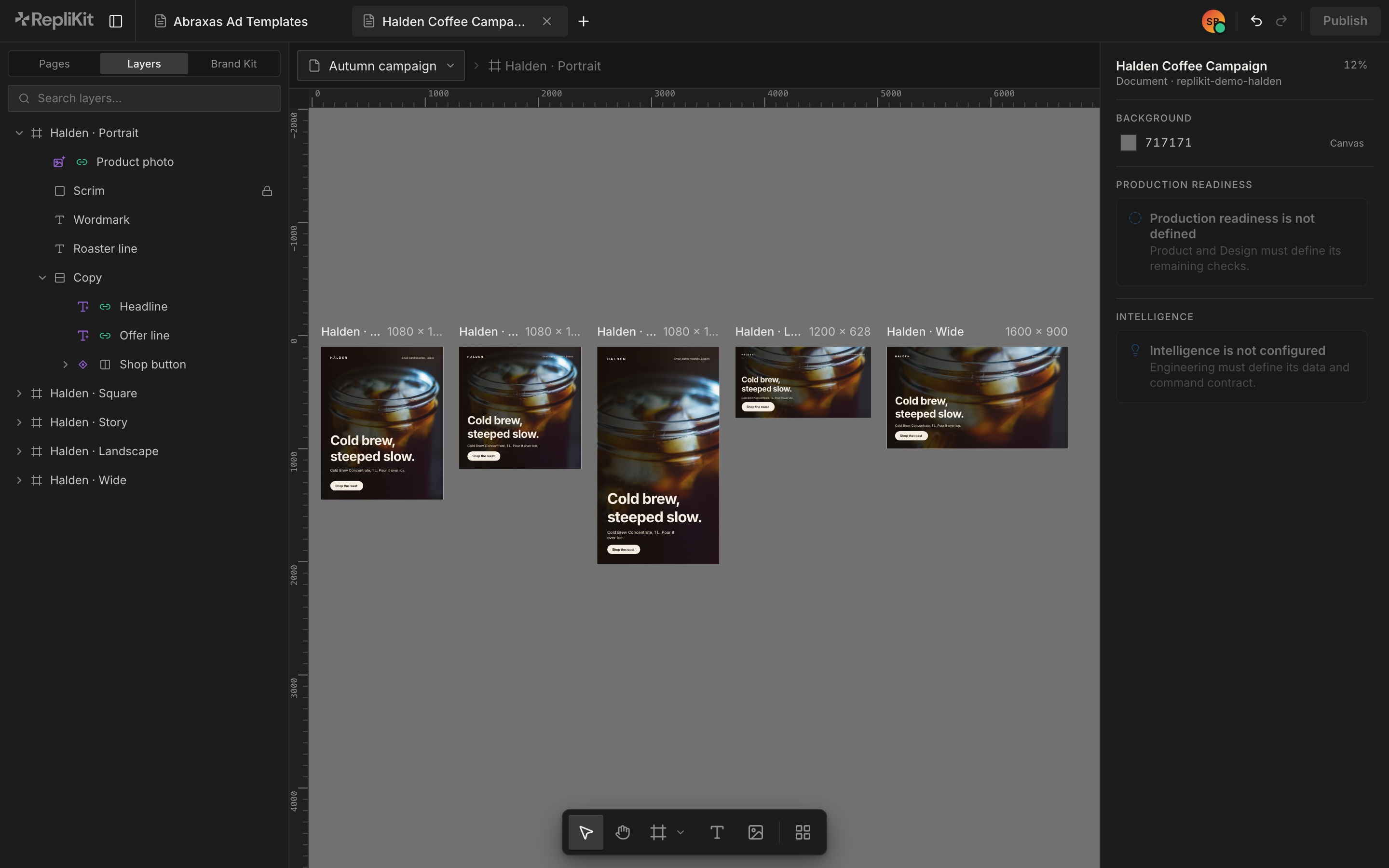All five Halden Coffee formats on the RepliKit canvas after the edits, each with the cold brew headline, product photo and offer line in the same layout