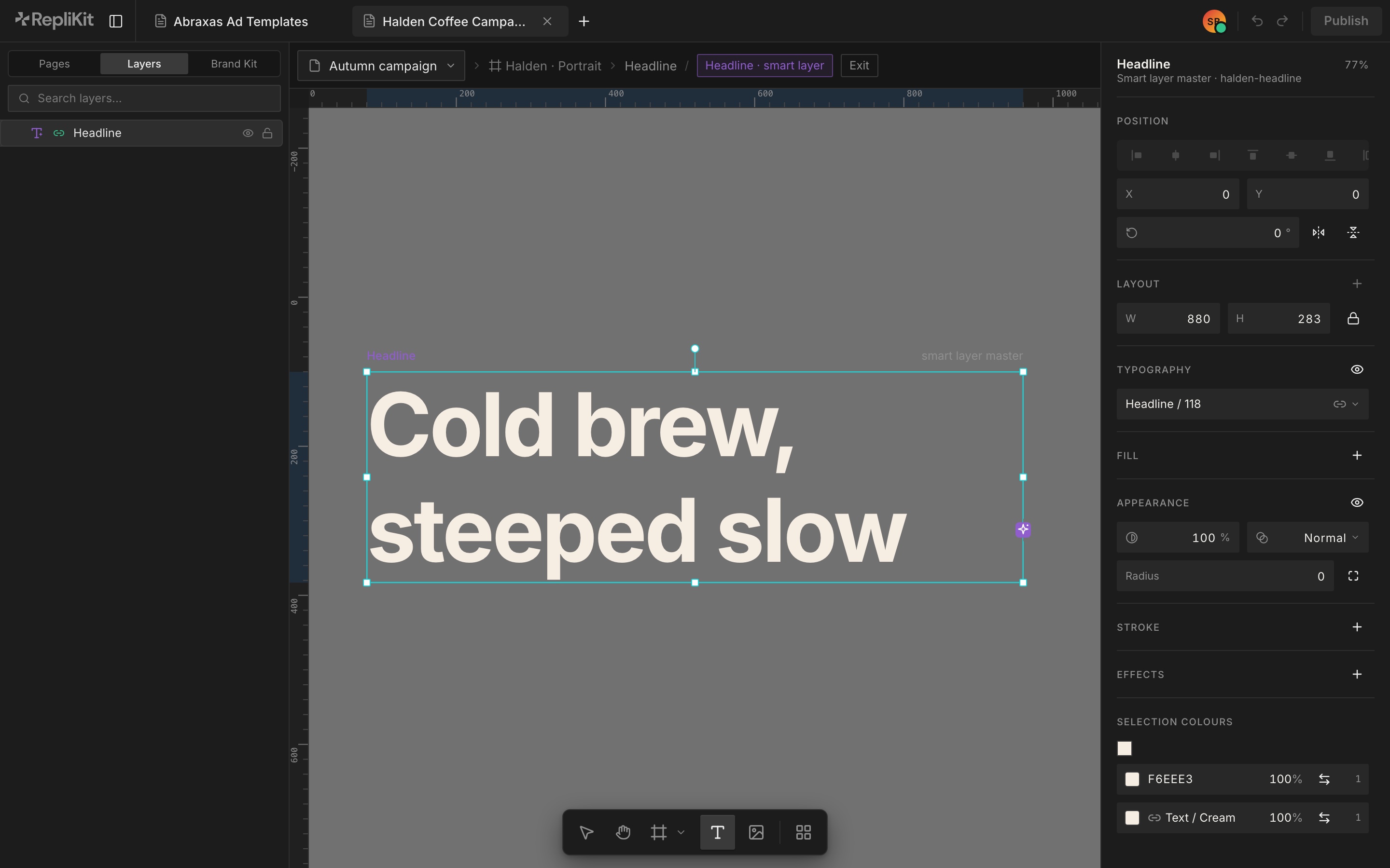 The RepliKit editor in smart layer edit mode for the Halden Coffee headline, with a new cold brew line typed into the smart layer master
