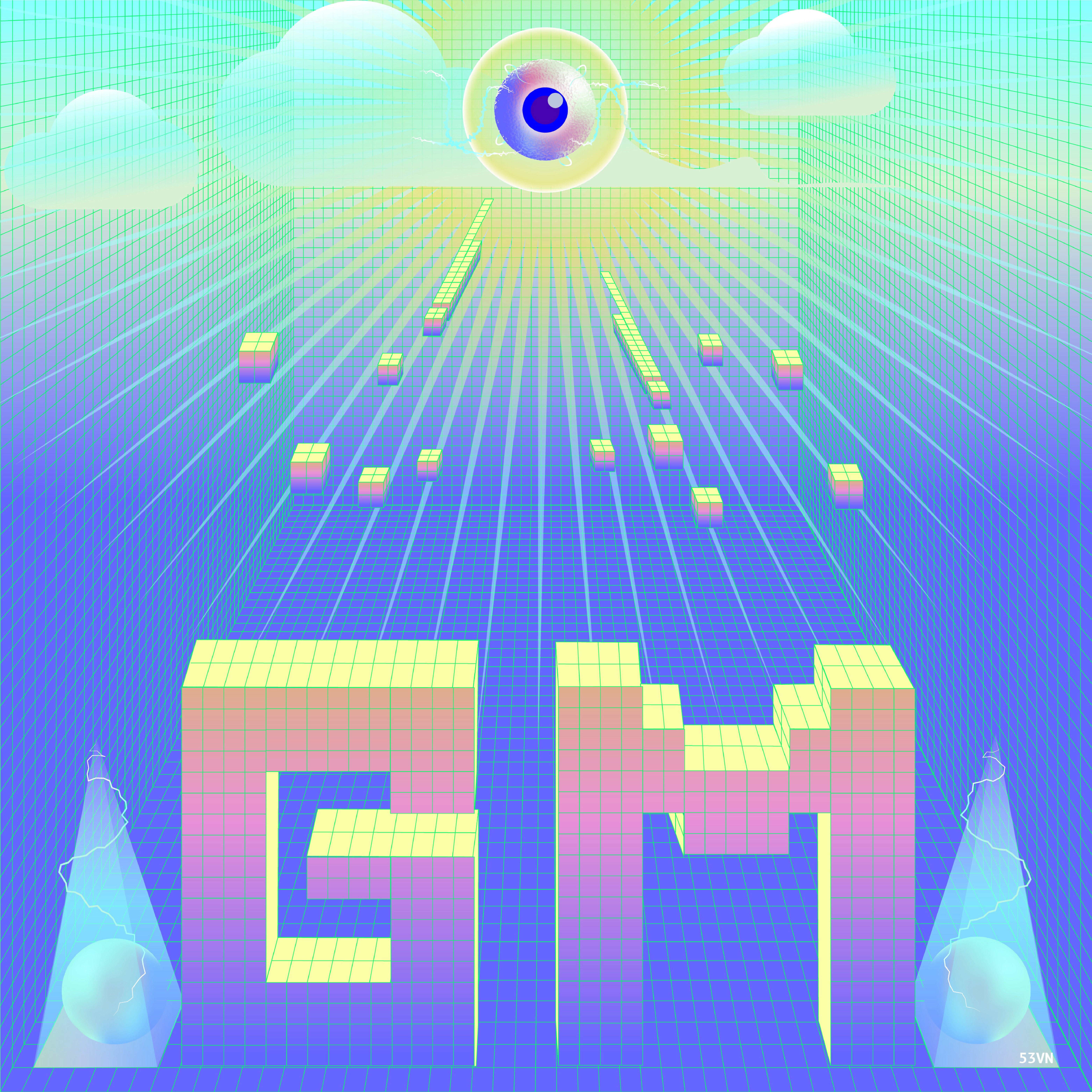 GM letterforms beneath a Digital Eye in a neon landscape