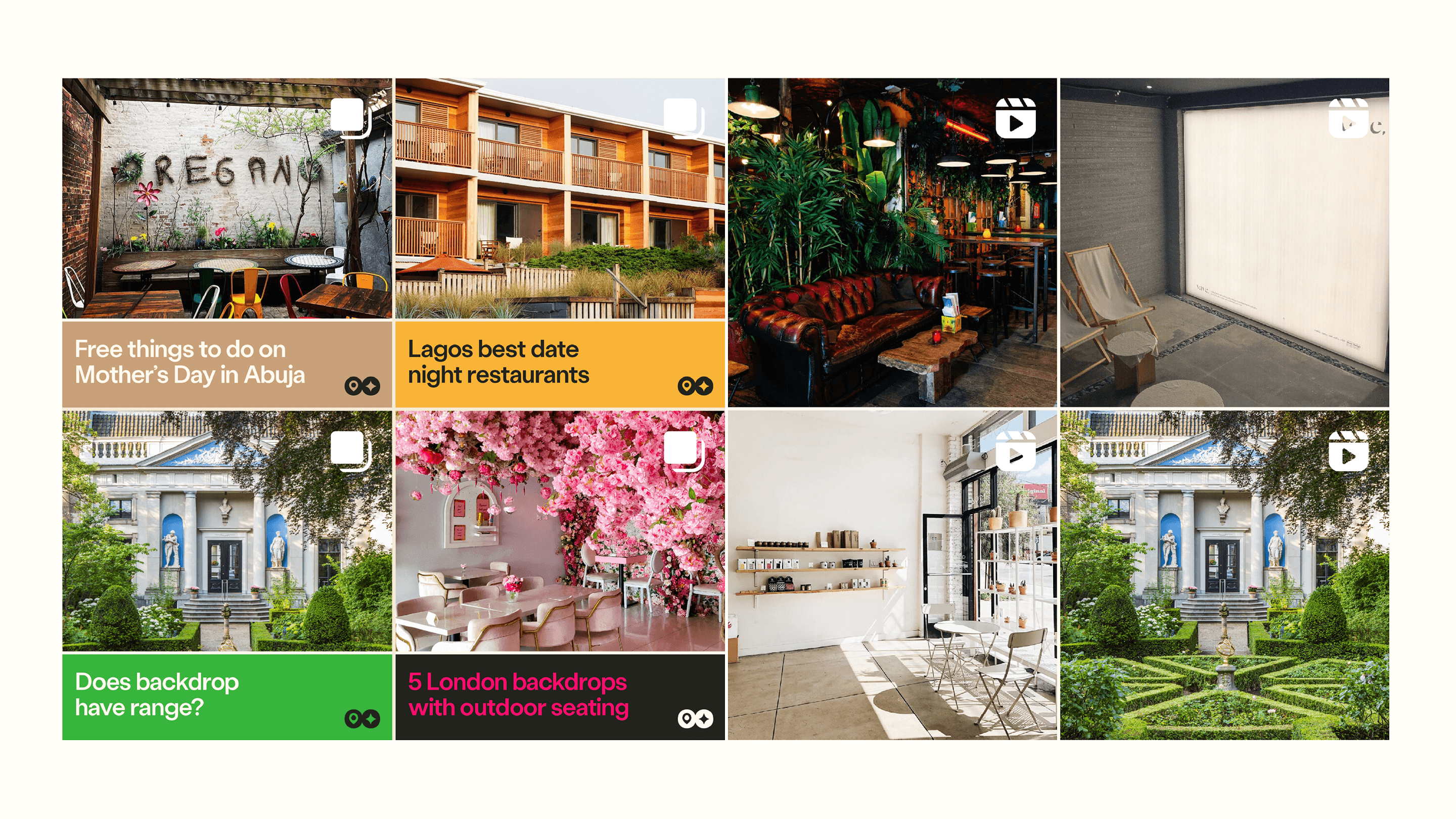 Backdrop Instagram grid mixing travel articles, venue photography, and video