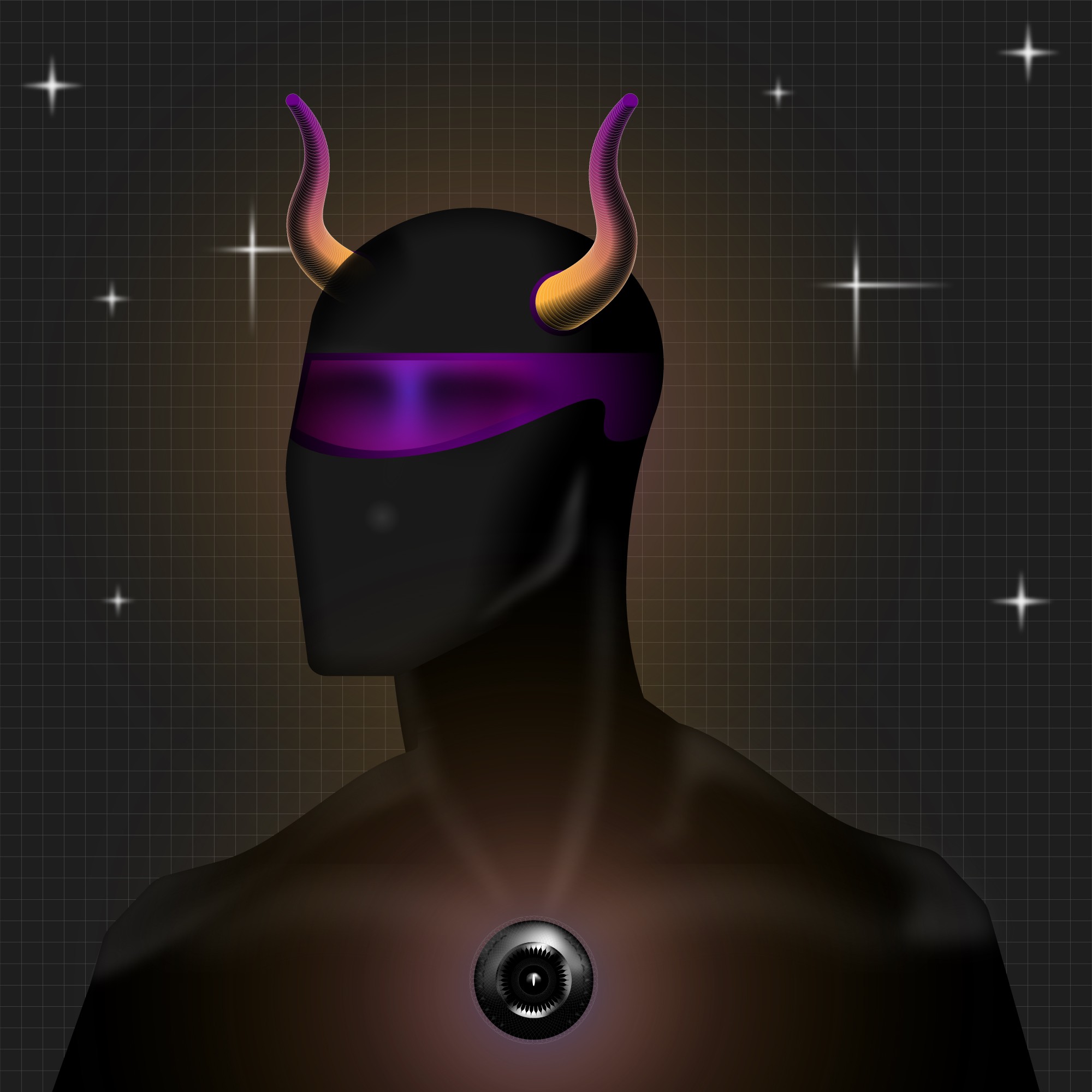 Horned black figure with a purple visor and dark chest eye