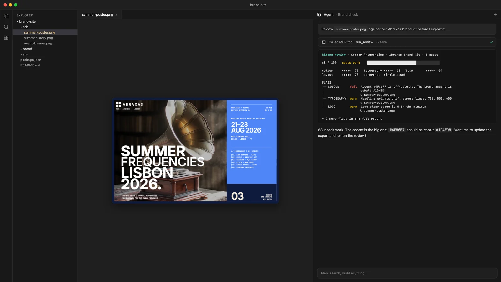 Kitana running inside Cursor, with the poster open in the editor and the review in the agent panel.